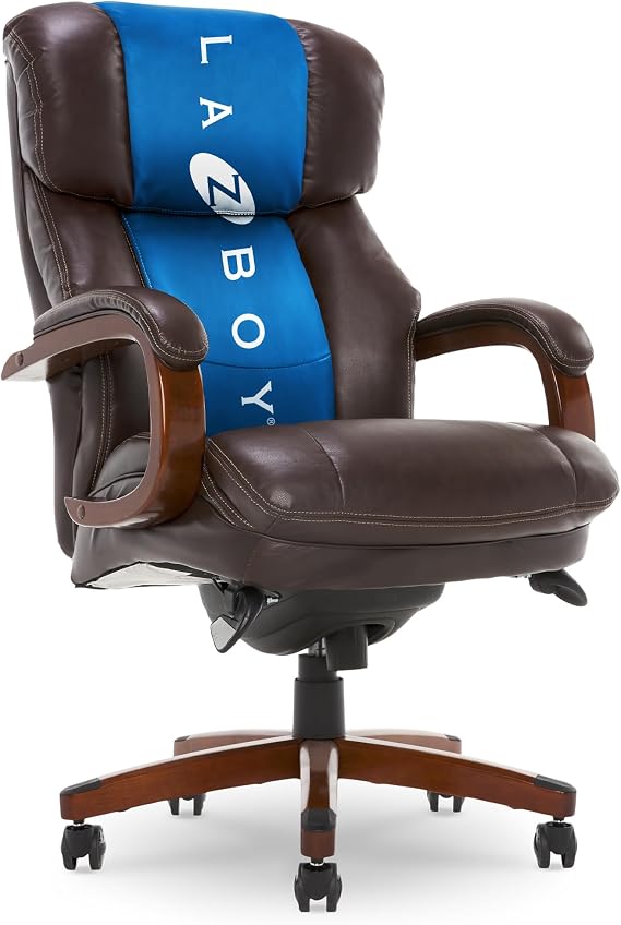La-Z-Boy Fairmont Big and Tall Executive Office Chair with Memory Foam Cushions, High-Back Swivel Desk Chair with Wood Arms and Base, Bonded Leather, Brown
