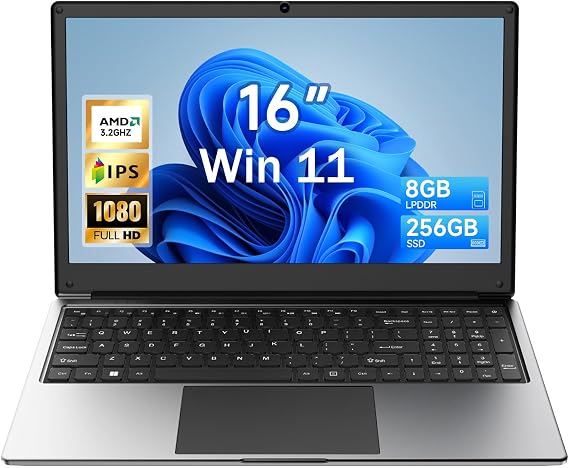16 inch Laptop Computer,8GB RAM 256GB SSD Storage Laptop PC,with AMD A9 Processor(up to 3.2GHz),IPS FHD Display,Win11 Pro,Students & Work Notebook Computer,9000mAh Battery,Cooling System