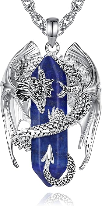 INFUSEU Lapis Lazuli Mens Necklace Blue Crystal Dragon Jewelry Protection Pendant Women Large Cool Stone Gothic Goth Accessories