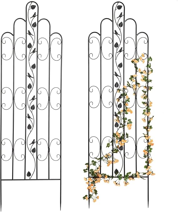 Idzo Decorative Metal Trellis for Climbing Plants Outdoor, Anti-Corrosion Powder Coated Garden Trellis, Sturdy Long Spikes, 71 Inch, Black Bird Pattern