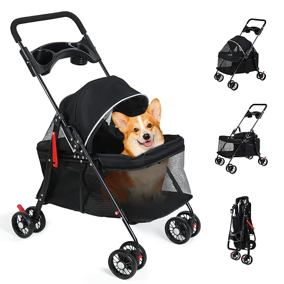 Pet Stroller with 4 Wheels,Foldable Dog Cat Cage Stroller with Cup Holder Breathable Mesh for Medium Small Dogs Cats 1 Set