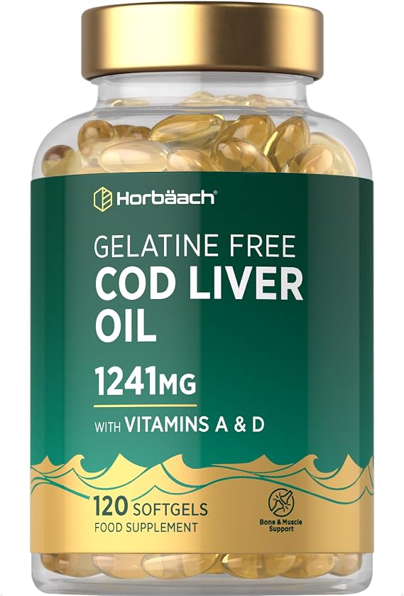 Cod Liver Oil Capsules Gelatine Free 1241mg | High Strength Supplement Rich in Omega 3 DHA/EPA & Vitamin D and A | 120 Count | Pescatarian Friendly | by Horbaach
