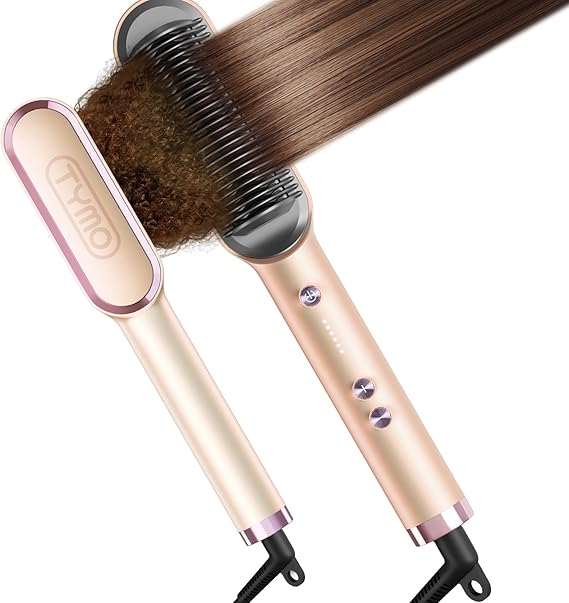 TYMO Ring Hair Straightener Brush Hair Straightening Iron with Built-in Comb, 20s Fast Heating & 5 Temp Settings & Anti-Scald, Perfect for Professional Salon at Home, Peach