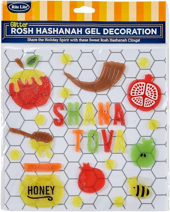 Rosh Hashanah Gel Window Decorations by Rite Lite | Jewish New Year Party Favors Reusable Window Clings Decals with Apple, Shofar, Pomegranate, Honey Jar & Dipper, Shana Tova, Bee Jewish Home Decor