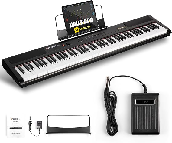 Artesia Portable 88 Key Weighted Keyboard Electric Piano, Digital Keyboard Piano with Full-Size Velocity Sensitive Keys, Built in Speakers, Headphone Output, Sustain Pedal and Melodics Lesson
