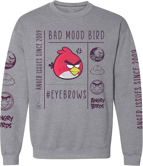 Angry Birds Official Bad Mood Bird Adult Printed Fleece Pullover Crewneck Sweatshirt for Men, Women, Unisex Heather Grey