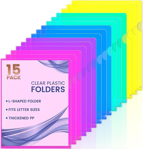 Sooez 15 Pack Clear Document Folder, Plastic Sleeves for Paper 8.5 x 11, Plastic File Folders Paper Sleeves Protector, Heavy Duty Poly File Jacket Sleeves Pocket Folder Cover,5 Assorted Colors
