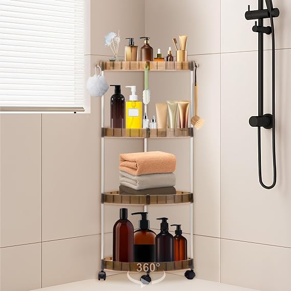 Corner Shower Caddy, 4 Tier Shower Organiser Trolley with 10 Hooks, Standing Organiser Storage Rack with Lockable 360° Swivel Wheels, Bathroom Shelves Storage Unit for Shampoo Shower Soap