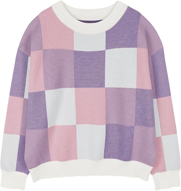 Girls' Fall Sweaters Color Block Crewneck Long Sleeve Pullover Tops