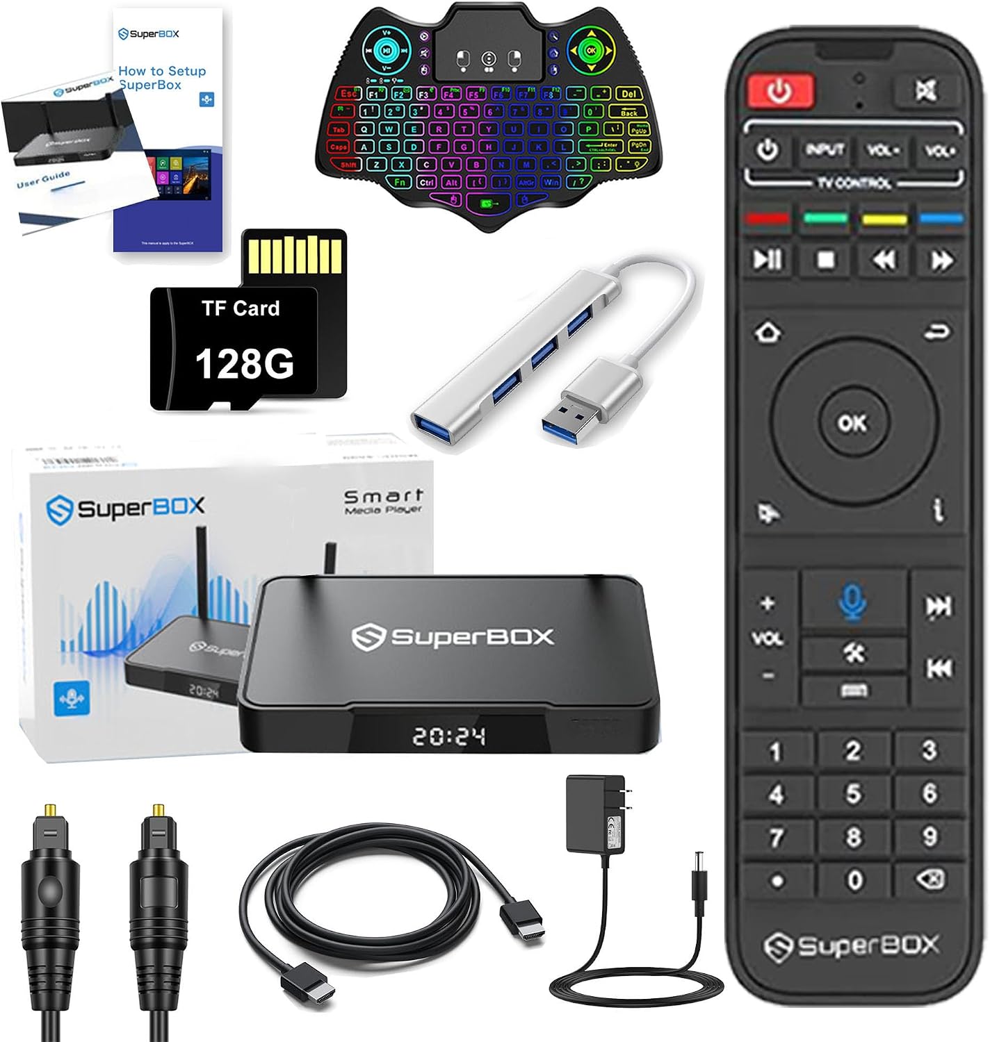 New S 6 PRO 2025 4G  32G Including USB 3.0 Hub, Remote, 128G MicroSD Card, Audio Cable, HD Wire, Mini Keyboard, and User Manuals