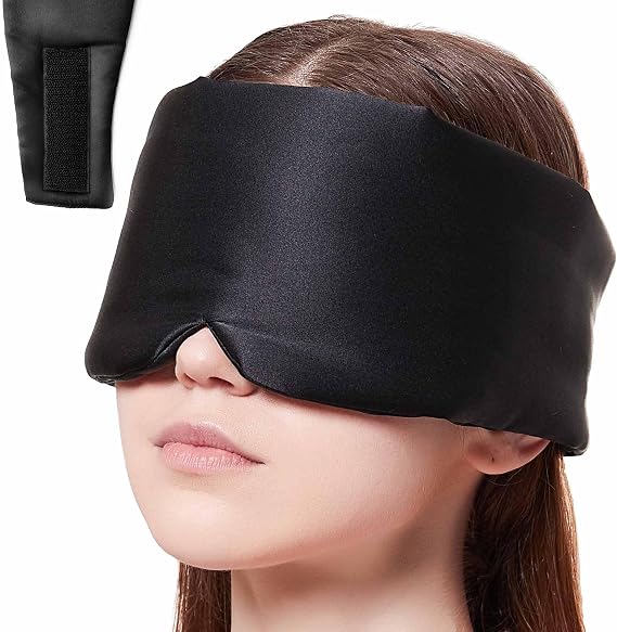Nature Silk Sleeping Mask Soft Featherweight Eye Mask Large Wrap-Around Blindfold with Adjustable Velcro Blackout for Wild Sleeper Nose Cut (Black)
