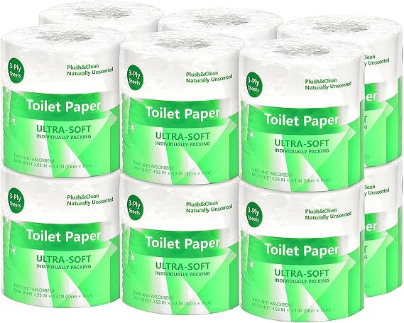 12 Rolls 3-Ply Ultra Soft Toilet Paper, Bamboo Bathroom Tissue Rolls, Unscented Individually Wrapped Toilet Tissue for Home