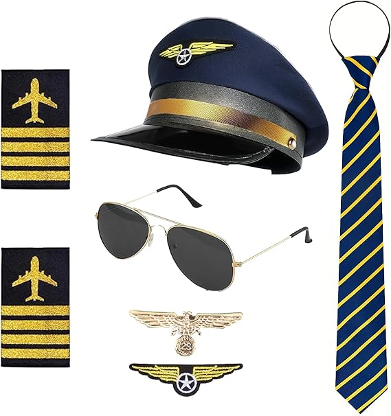 Airplane Captain Costume Airline Pilot Hat Accessories,Mens Costumes Fancy Dress, Includes Pilot's Cap, Epaulettes, Lapel Pin, Badge, Tie, and Sunglasses, black