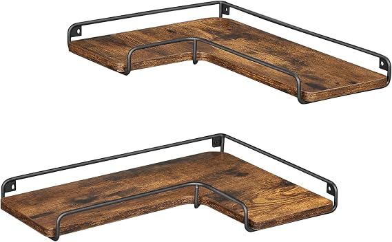 Vasagle L-shaped corner shelves, set of 2, wall shelves, floating shelves, industrial style, living room, bedroom, kitchen, soft brown and black LLS831B01