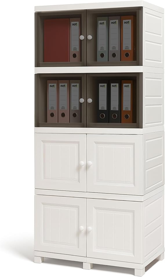 ABBAware Large 4-Tier Plastic Storage Cabinet (128L x 4) – Multi-Purpose Cupboard with Tinted Translucent Doors, Durable Water-Resistant, Easy Assembly for Home & Office (White)