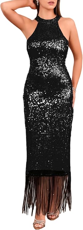 Women's Sequin Halter Sleeveless Sexy Split Fringe Hem Maxi Dress