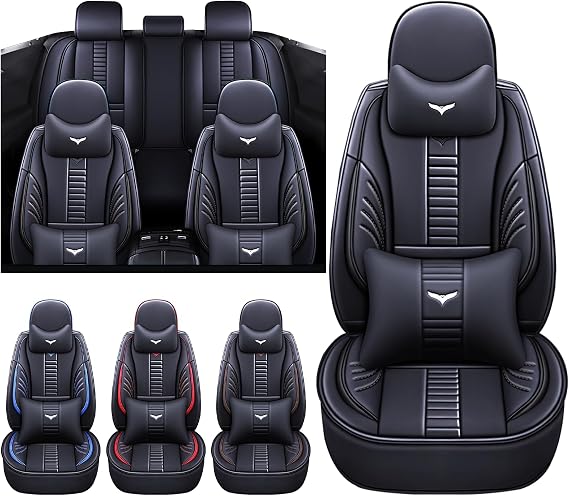 Car Seat Covers for Cars Trucks and SUVs, Leather Full Coverage Luxury Car Seat Cover with Headrest & Back Pillow (Black,Full Set)