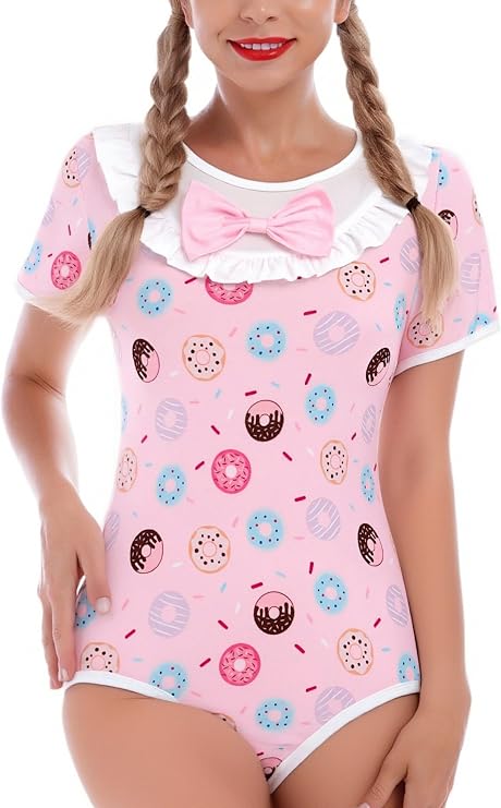 ABAFIP Women's Cute Print Romper Pajama Bodysuit Bowknot Short Sleeve One Piece Leotard Nightwear Top