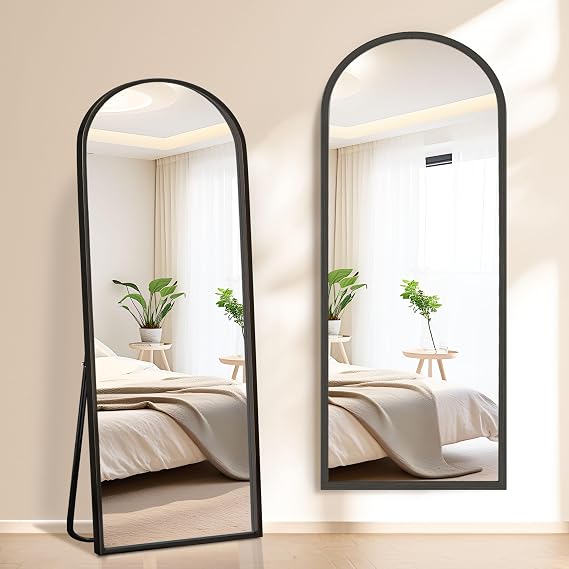 56"x18" Arched Full Length Mirror, Black Floor Mirror | Tempered glass, shatter-proof film, aluminum frame, wall-mounted or leaning, ideal for living room.