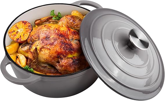 3 Quart Dutch Oven Enameled Cast Iron with Lid - Big Dual Handles - Oven Safe up to 500F - Classic Round Pot for Versatile Cooking Light Gray