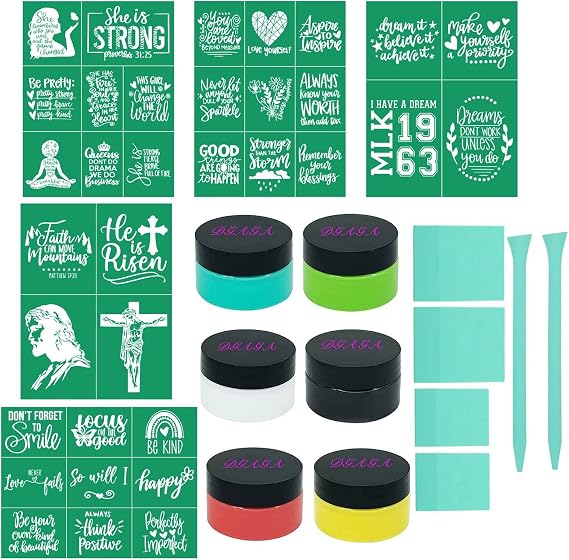 DGAGA 17PCS Inspirational Silk Screen Stencils with Chalk Paste,Motivational Adhesive Stencils Reusable Inspiration Word Mesh Transfers for Craft Screen Printing Stencil for Painting on Wood Fabric