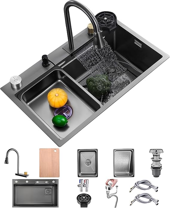 Waterfall Kitchen Sink Stainless Steel Nano Kitchen Sink Single Bowl Bar Sink Multi-function Workstation Sink With Pull-out Faucet, Drain Basin, Cup Washer, Drainage Assembly(68x45x22cm)