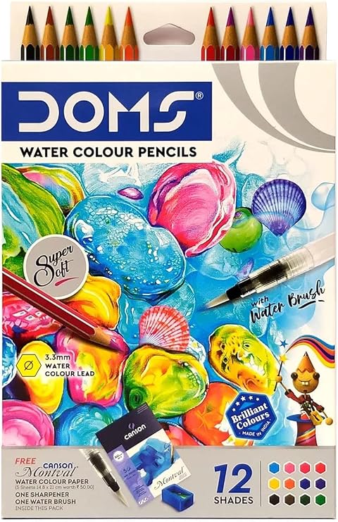 DOMS Super Soft Hexagonal Pre-Sharpened Water Soluble Colour Pencils | Free Watercolor Paper, Sharpener & Water Brush | 3.3mm Watercolor Lead | 12 Shades | Pack of 1