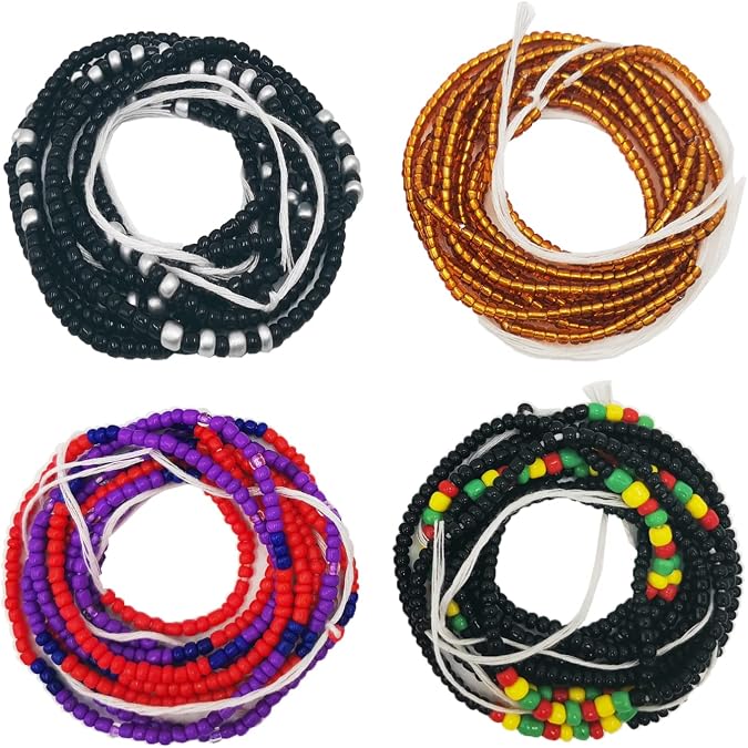Teniinet 4PCS 50 Handmade African Waist Beads for Women Non-Stretching(Tie-on)