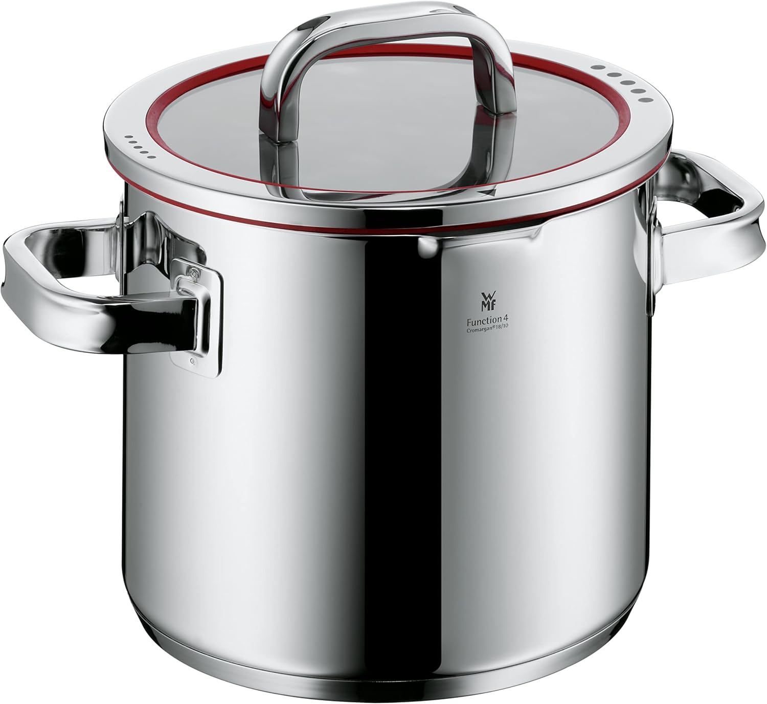 WMF Stock pot 20 cm approx. 5,3l Function 4 Inside scaling lid - pour off or decant liquids without spilling to keep your dishes and cooker clean. Made in Germany hollow side handles glass lid Cromargan stainless steel brushed suitable for all stove tops including induction dishwasher-safe