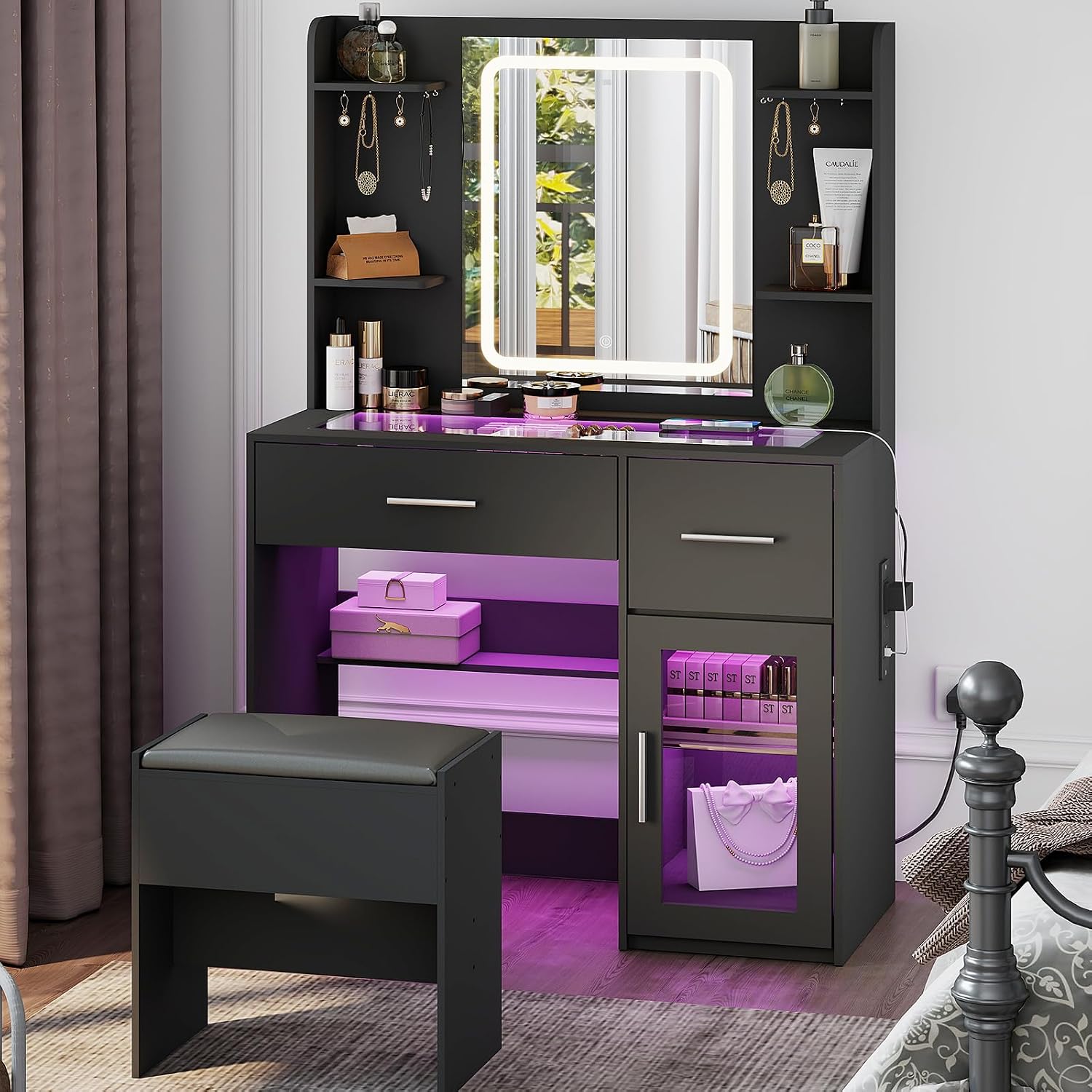 YOSHOOT Dressing Table with LED Lighting Mirror, Glass Top Charging Station, Vanity Table with 2 Drawers, Side Cabinet, Makeup Desk with Upholstered Stool for Cloakroom and Bedroom,90*40*140cm（Black）