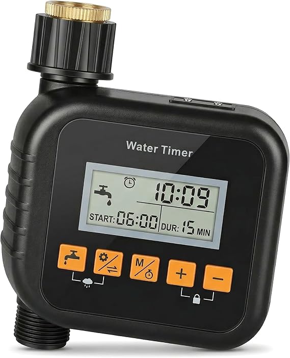 Garden Water Timer with Brass Inlet & Outlet, Automatic Irrigation Controller with Large LCD Screen, Hose Timer with Rain Delay & Manual Mode, Programmable Sprinkler system for Lawn Garden Greenhouse