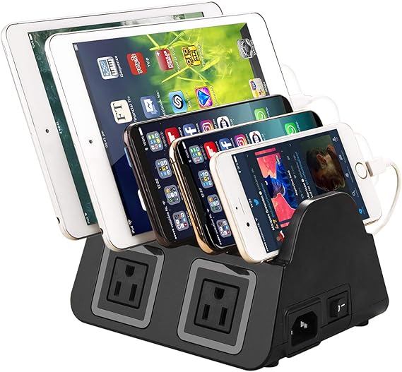 5 USB Ports Charging Station Organizer for Multiple Devices Fast Charging Desktop Stand for Apple Android Phone Tablet 1600W 2 AC Power Outlets Charger Dock for Home Office 3 Prong Cord Black