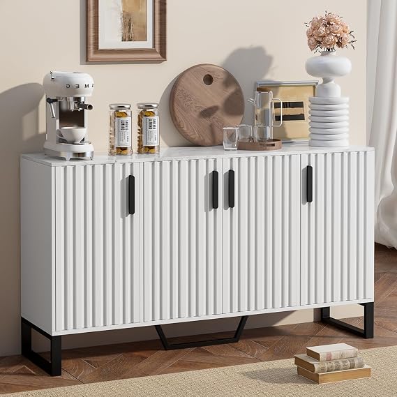 Buffet Cabinet with Storage, 60" W Fluted Coffee Bar Cabinet, Sideboard Cabinet with 4 Doors for Kitchen, Dinning Room, White