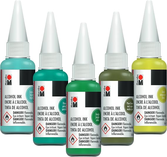 Marabu Green Alcohol Ink Set - 5 Color Set, Jungle, Pine Green, Petrol, Lime, Lagoon - Epoxy Resin, Tumbler Making, Paper - Large 0.68 Ounce Inks