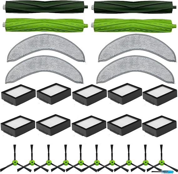 2 Set of Roller Brush & 10 Filters & 4 Mop Pads & 10 Side Brushes Replacement Parts Accessories Compatible with iRobot Roomba Combo J7+, Combo J9+,Combo 10 MAX Robot Vacuum Cleaner