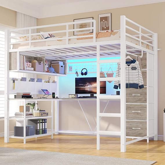 VIAGDO Loft Bed Full Size with L-Shaped Desk and 5 Storage Drawers, Full Size Loft Bed with Charging Station and LED Lights, Metal Loft Bed with Safety Guardrail & Ladder, Space-Saving (White)