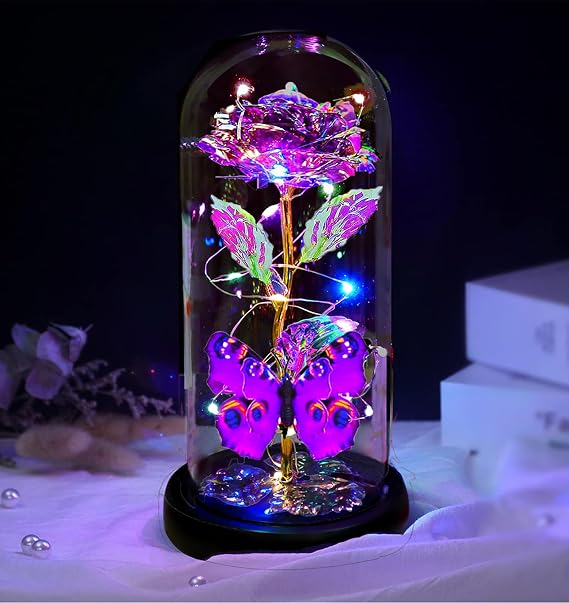 Rose Glass Flowers Gifts, Galaxy Crystal Light Up Rose in A Glass Dome
