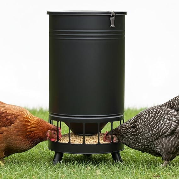 Solution4Patio 65 LB Large Chicken Feeder No-Waste, Portable Gravity Chicken Feeder Automatic, Dispenser, 16 Feeding Ports Poultry Feeder, Hen Coop (Black)