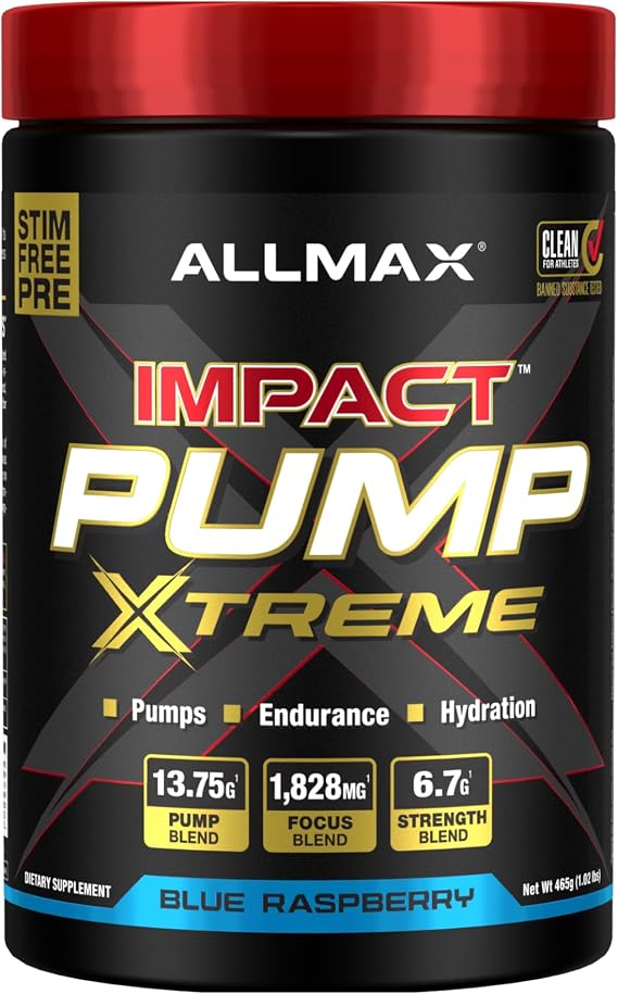 ALLMAX Impact Pump Xtreme Pre-Workout Powder, Blue Raspberry, 465 g