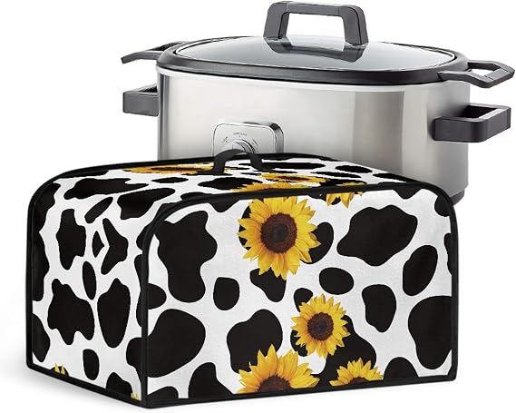 GLENLCWE Sunflower Cow Slow Cooker Cover with Pocket,Womens Crock Pot Cover,Polyester Kitchen Dust Cover Washable Appliance Cover,6-8 Quart
