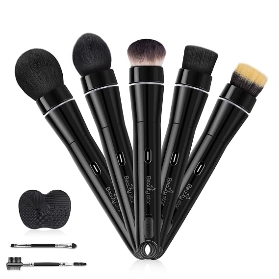 360 Electric Rotating Makeup Brush Set, 5 Vegan Brush Heads, Rechargeable Blending Face Brushes For Foundation, Blush, Powder, Bronzer, Contour, Highlight & Airbrush Finish, Flat Kabuki Brush