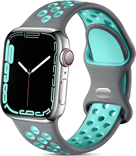 Lerobo Sport Bands Compatible for Apple Watch Band 40mm 38mm 42mm 41mm for iWatch Bands SE 3 2 Series 11 10 9 8 7 6 5 4 3 2 1 for Women Men,Soft Silicone Sport Breathable with Air Hole, Gray/Teal S/M