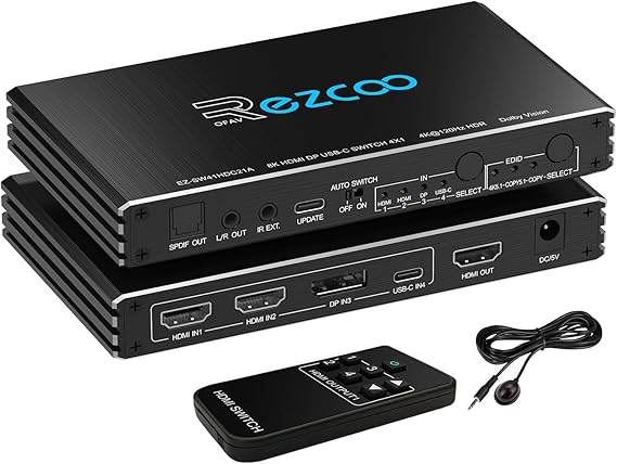 4K@120Hz HDMI 2.1 Switch 4x1 USB C DP1.4 4-Port Switcher with Audio Extractor(Optical & 3.5mm Out) VRR ALLM HDCP 2.3 HDR Dolby Vision/Atmos Optical Audio for PS5, Xbox, Gaming, Remote Contorl IR