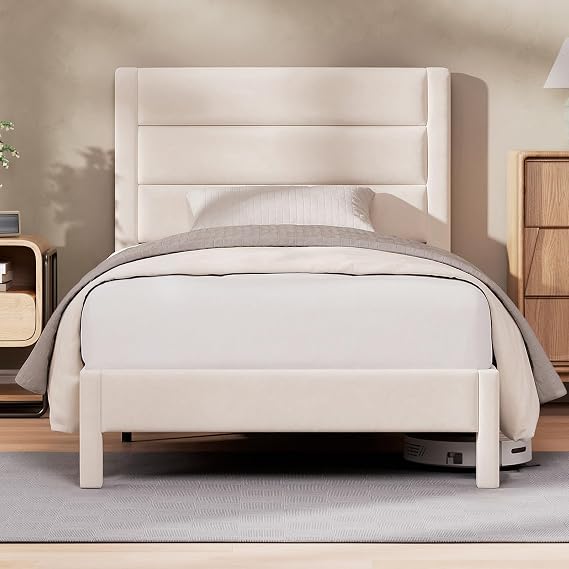 KUTAS Single Bed Frame 90x190 cm, Thickened,Soft Bed Frame with Headboard, Heavy Duty Velvet Upholstered Bed with Stable Slats Support, Noise Free, Easy Assembly, 300KG Capacity, Storage Space,Beige