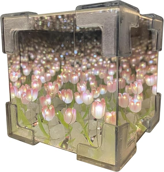 Flower Lights,1 Set Tulips Lamp Cube Shape 4x4in Tulips Lamp DIY 2 in 1 Infinite Romantic Decorative Flower Night Light for Home Bedroom Gift for Girls Pinks, Style1
