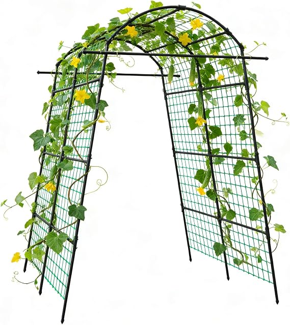 AGTEK 87" H65" W Metal Garden Arch Trellis with Nylon Netting, 60LBS Load, Adjustable Width for Climbing Plants