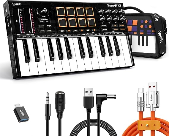 Synido 25 Key USB MIDI Keyboard Controller with 8 Drum Pads, Professional Mini Midi Keyboard with OLED Screen, Beat Maker Machine for Music Production, Black, TempoKey K25