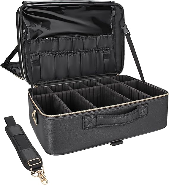 Relavel Extra Large Makeup Bag Leather Travel Makeup Train Bag Professional Makeup Artist Bag Portable Nail Organiser Box Cosmetic Case with Adjustable Dividers Attaches to Trolley, black, Extra Large
