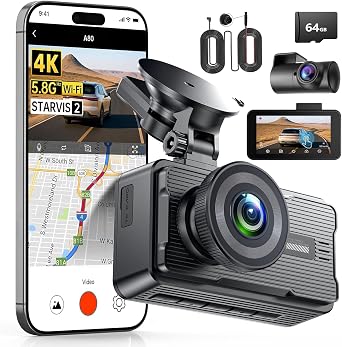 A80 4K Dual Dash Cam Front and Rear with Extension Rear Cable
