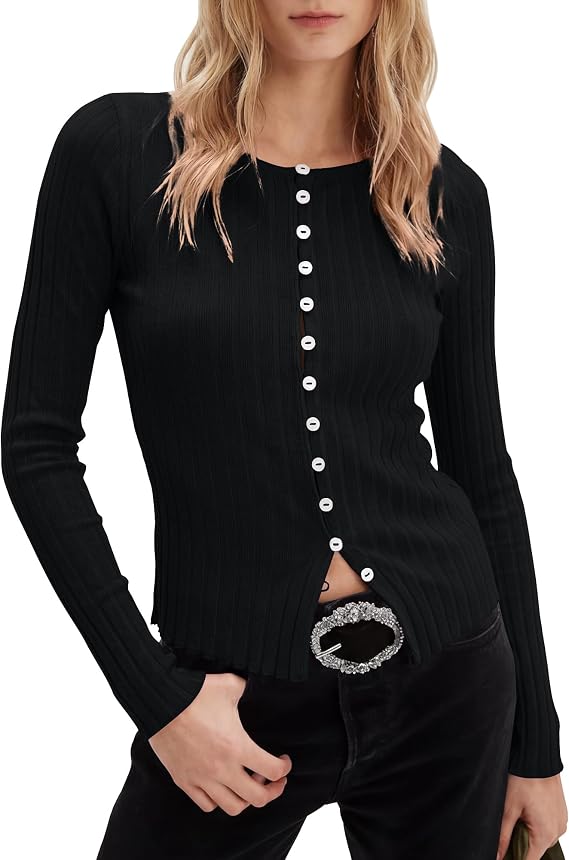 Gacaky Women's Slim Fitted Cardigan Long Sleeve Y2K Ribbed Button Down Tops Blouse Lightweight Fall Oufits Clothes